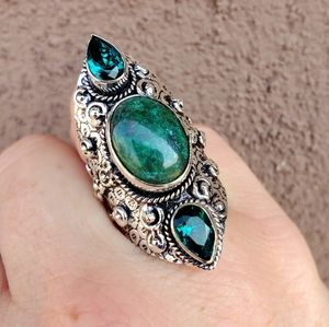 New Chrysocolla & Peridot 925 Silver Statement Ring.
